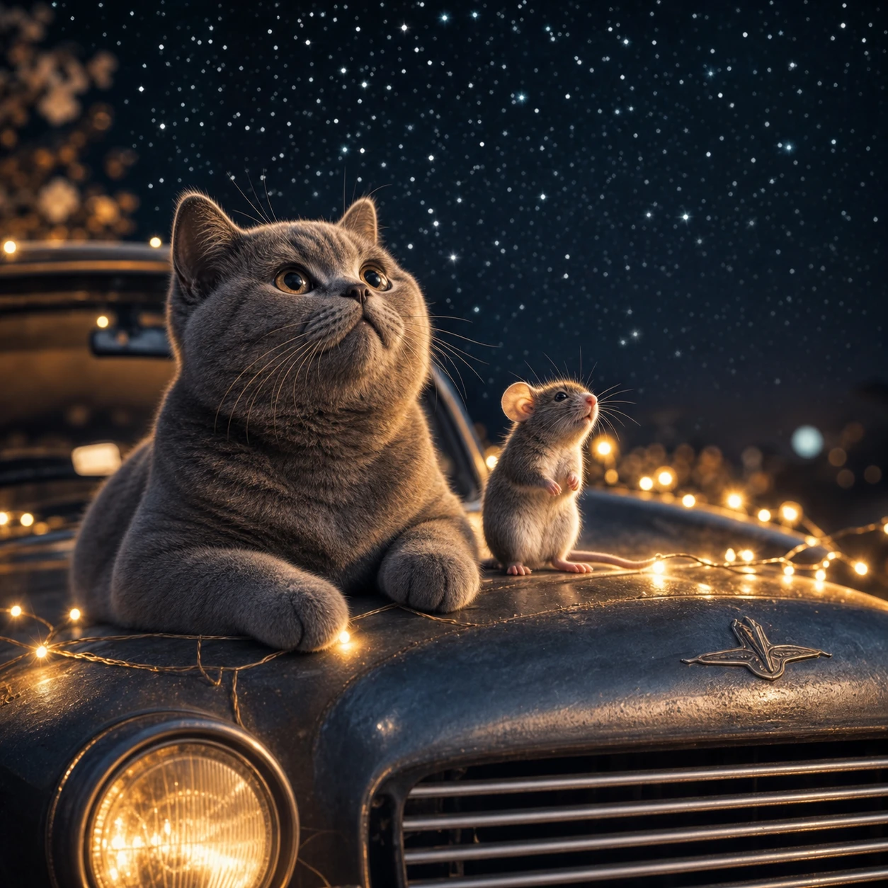 Gato e ratinho bebê sob um céu noturno estrelado