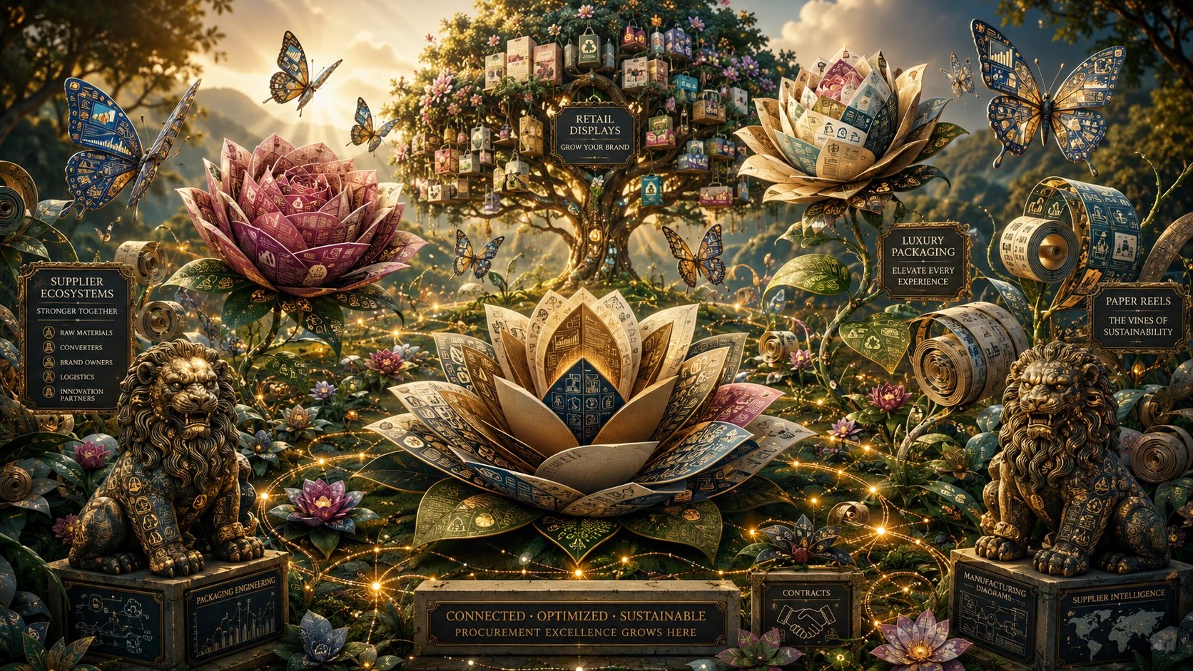 Jardin surréaliste de packagings de luxe en fleurs et de lianes de papier