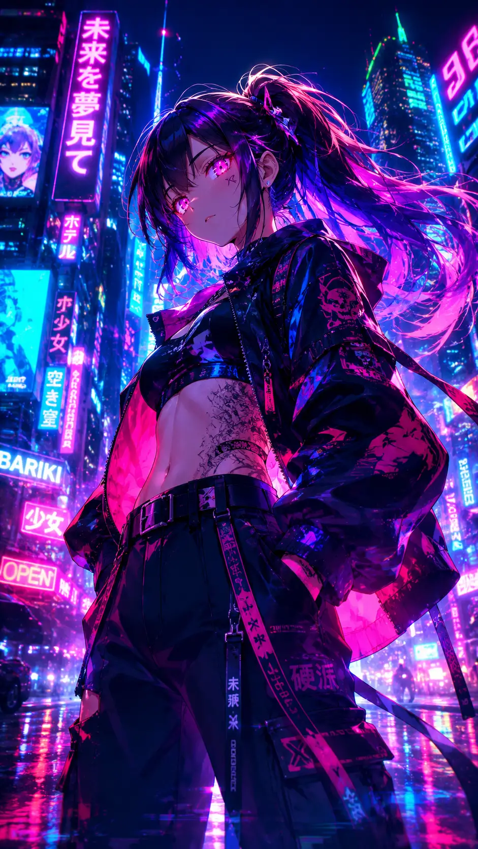 霓虹動漫女孩站在發光的未來城市景觀中