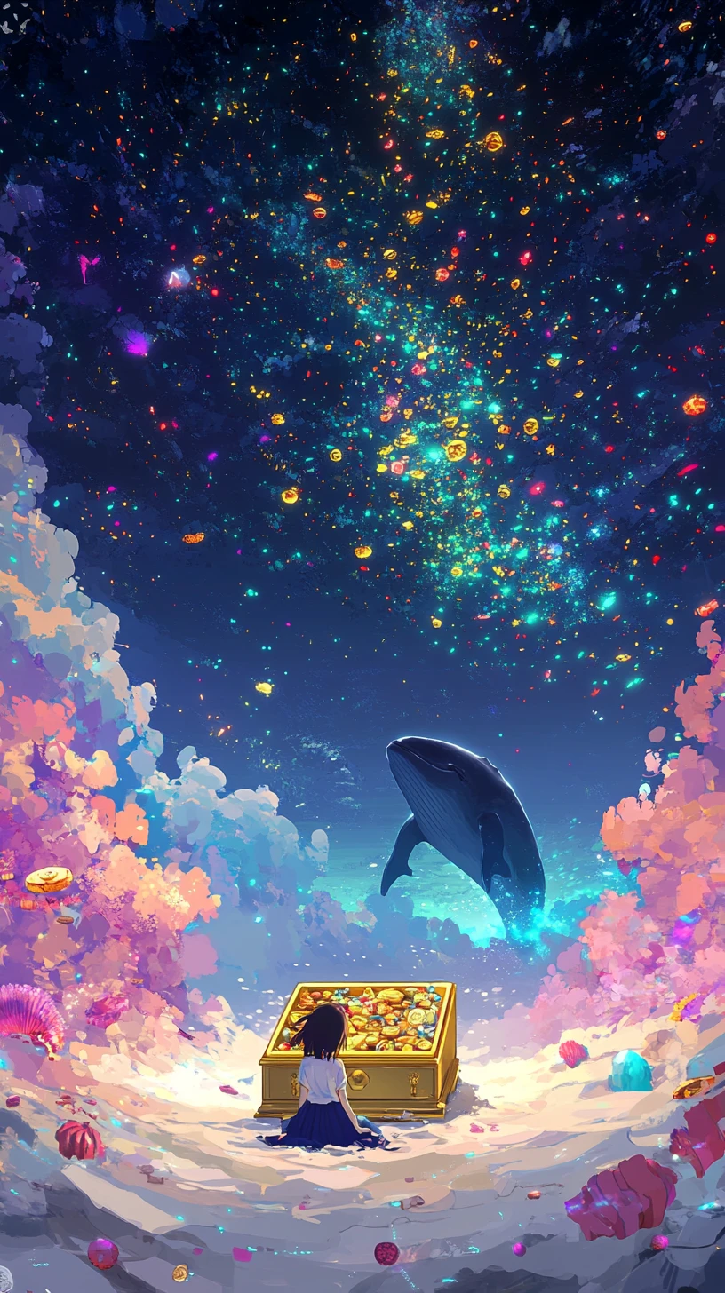 Anime-Mädchen, das sich im Himmel in bunte Pixel auflöst