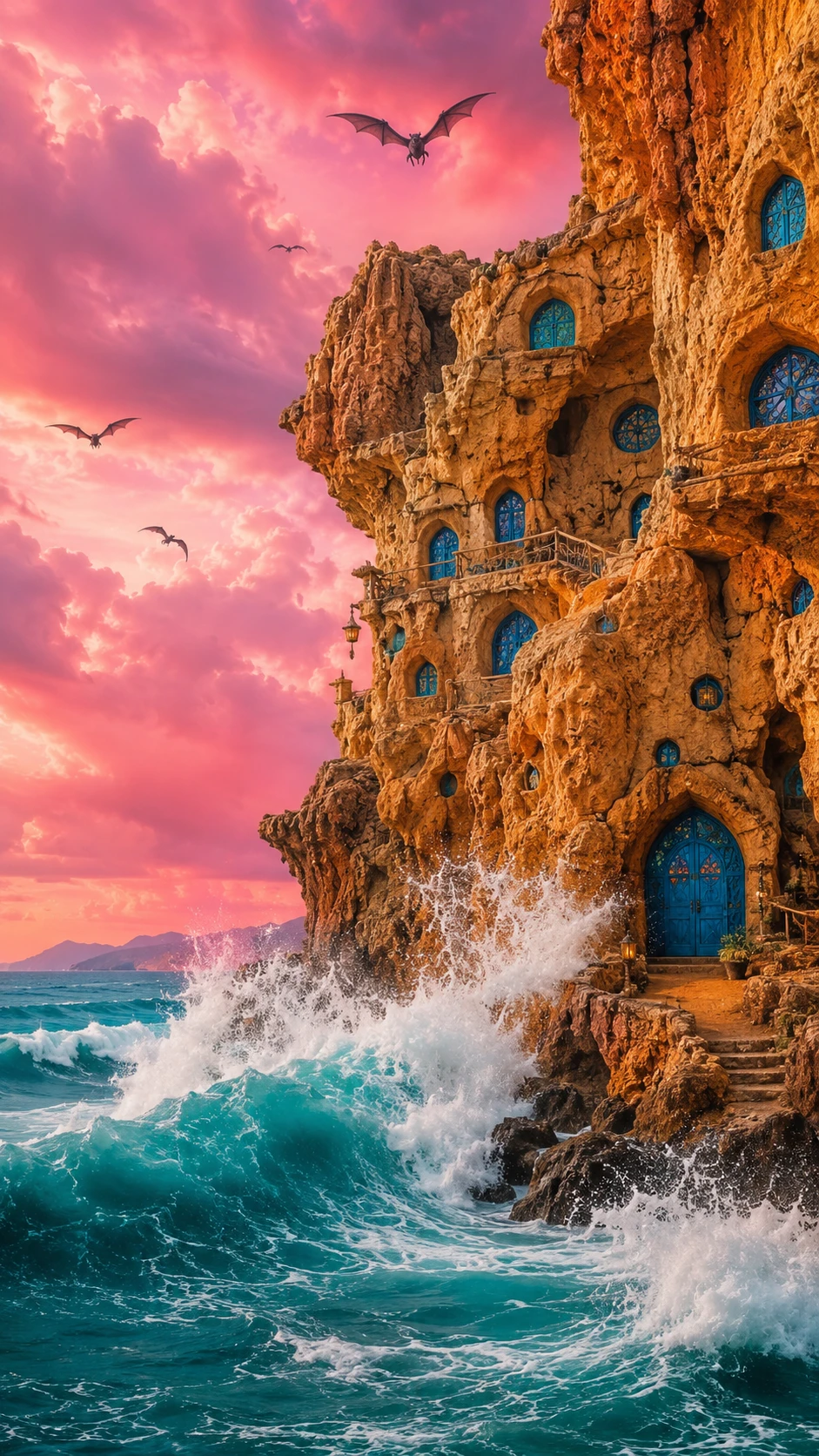 Falésias fantásticas sobre um mar turquesa tempestuoso ao pôr do sol