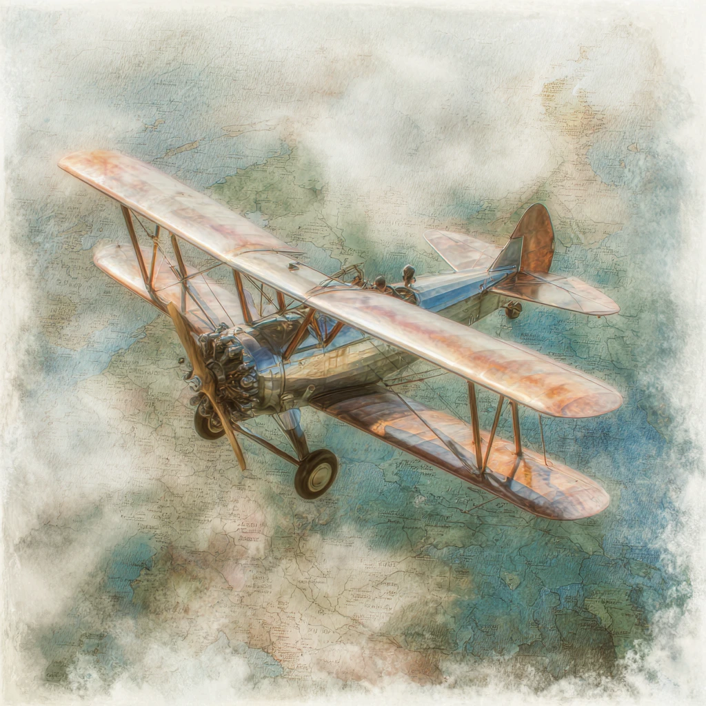 Biplano vintage volando sobre un mapa mundi de fantasía desvaído