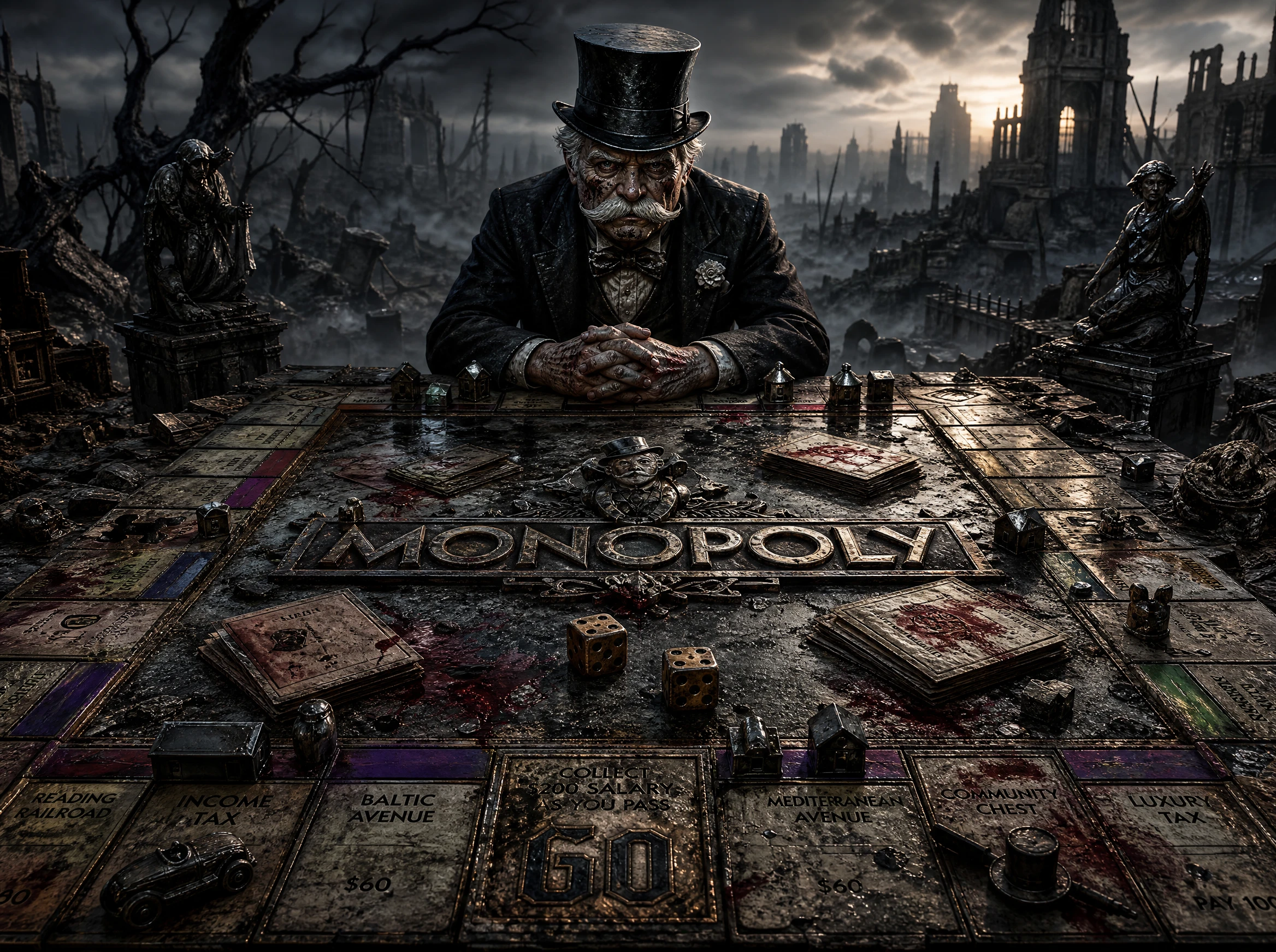 Gothic post apocalyptic board game in desolate landscape