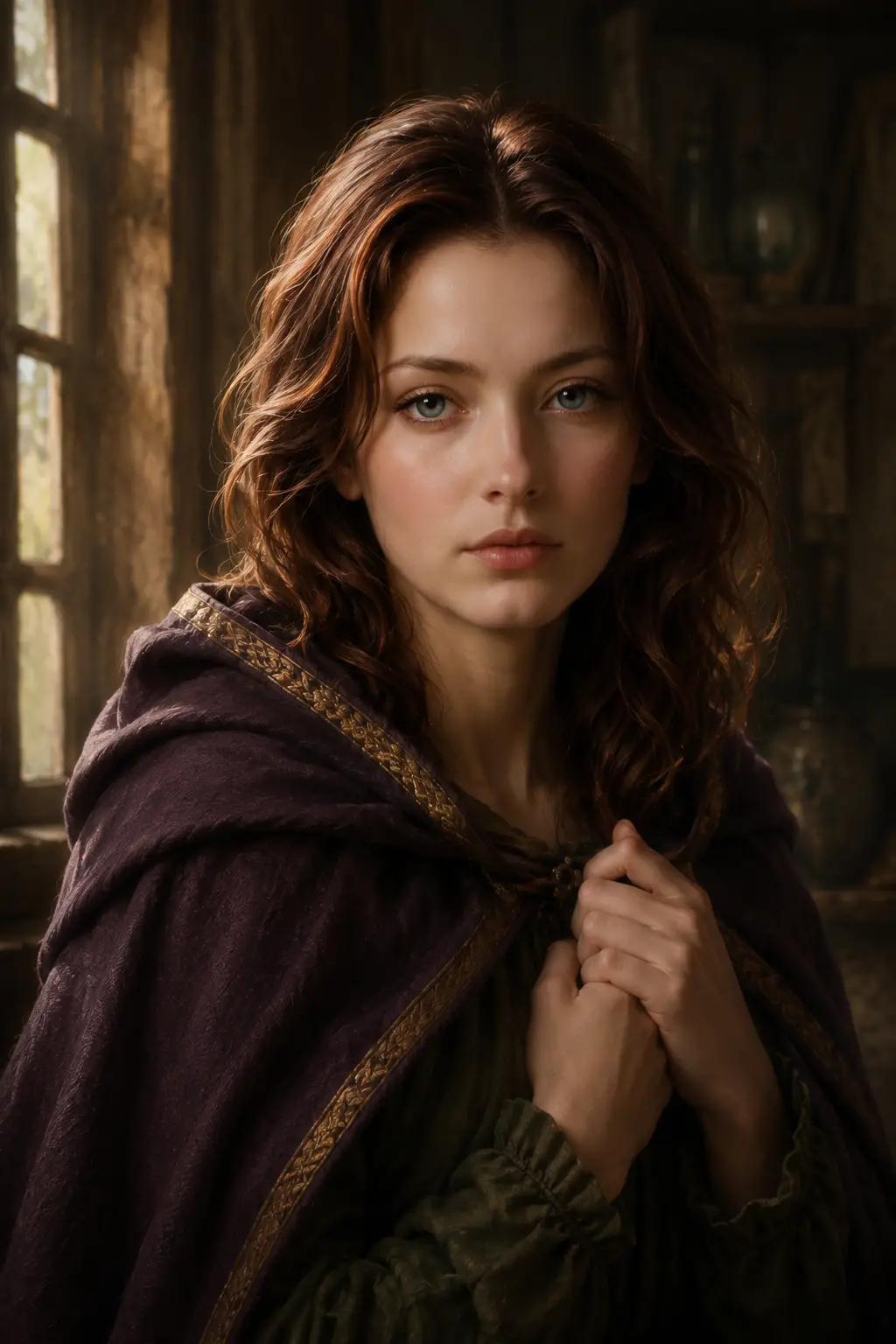 Young woman in a hooded cloak in warm interior light