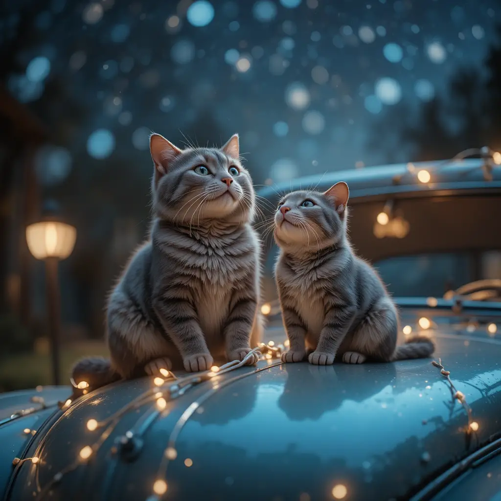 Gatto e topolino sotto un cielo notturno luminoso
