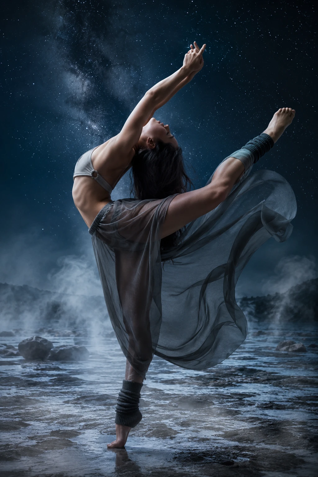 Bailarina descalça arqueando sob um céu noturno estrelado e místico