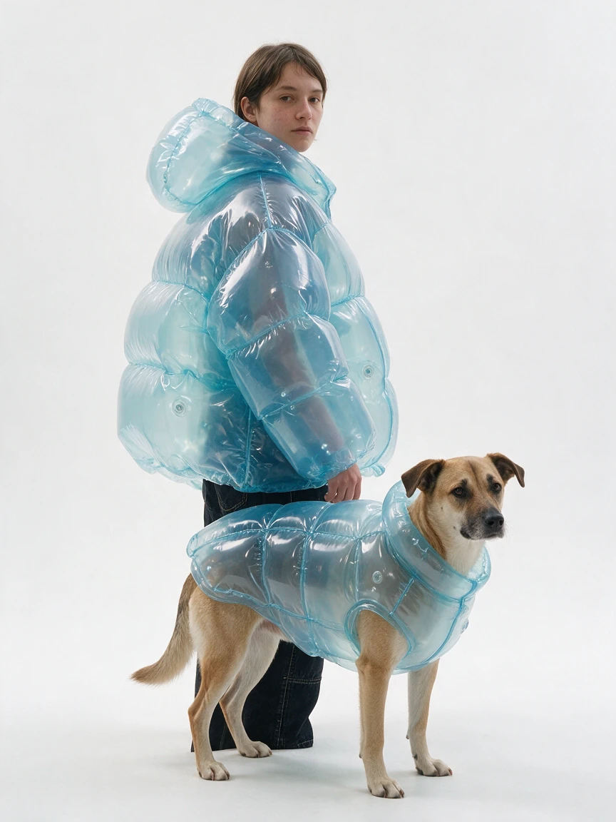 Woman and dog in matching translucent blue inflatable jackets