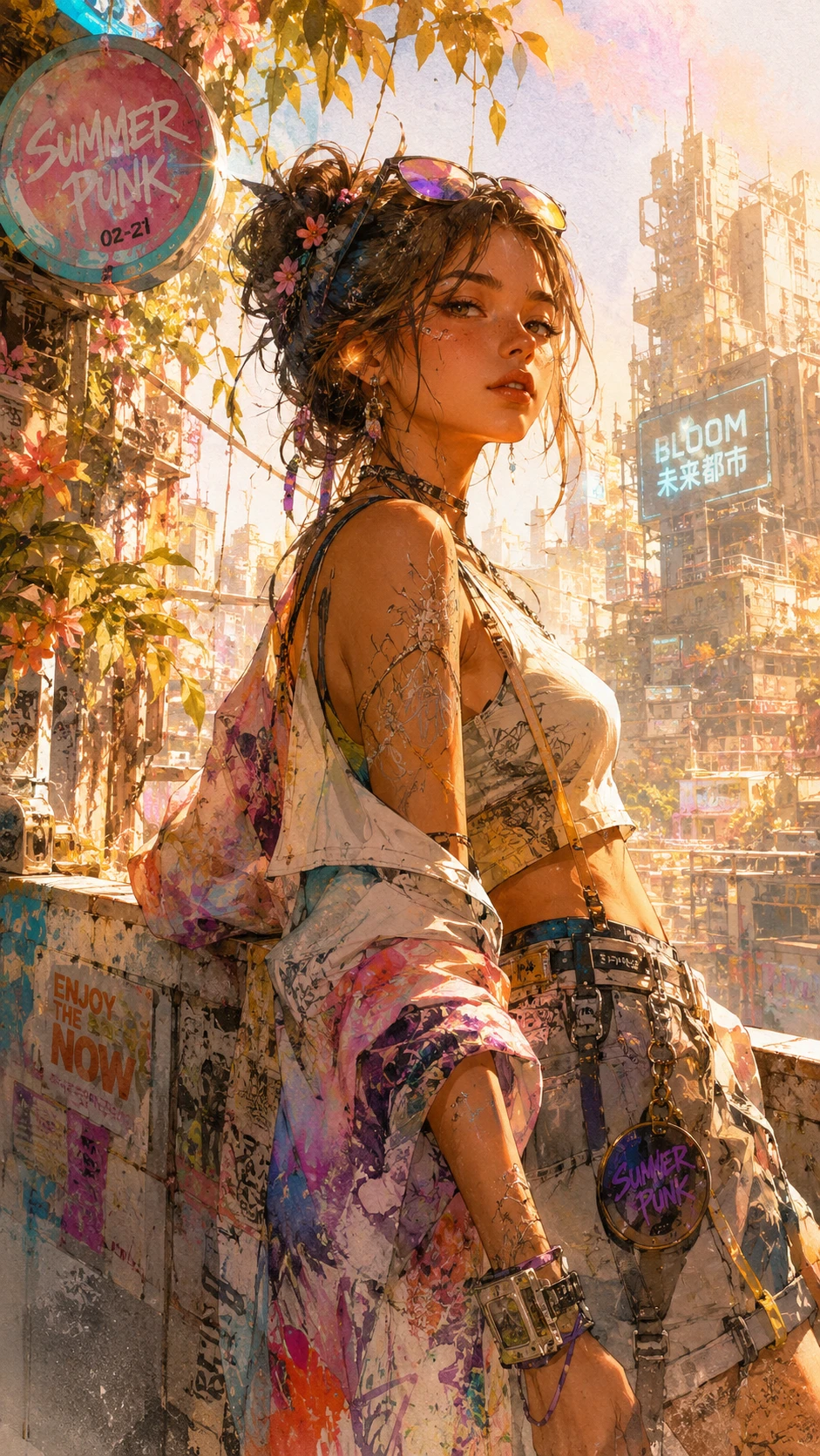 Mulher summerpunk em rua futurista iluminada