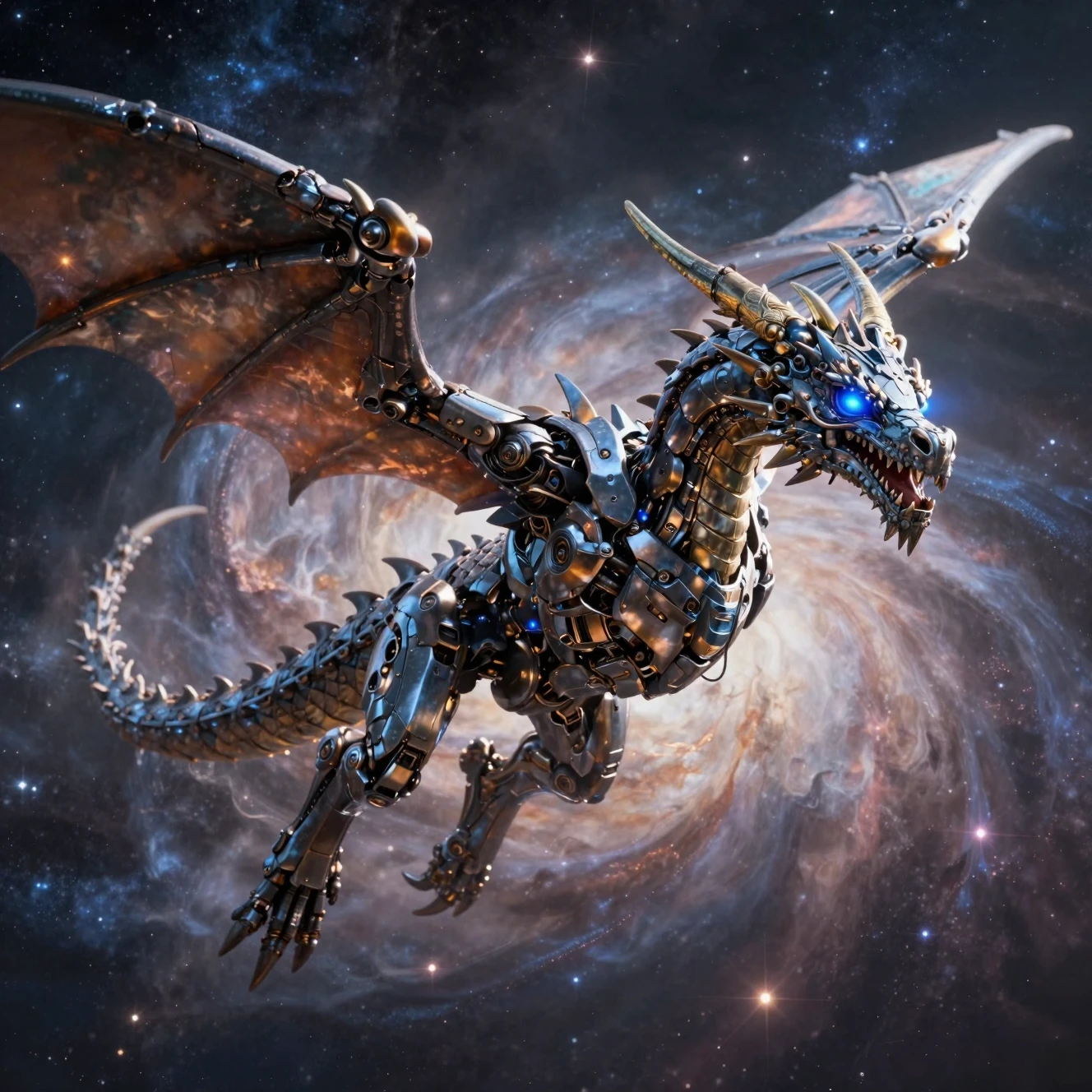 Drago meccanico che sfreccia attraverso una brillante nebulosa cosmica