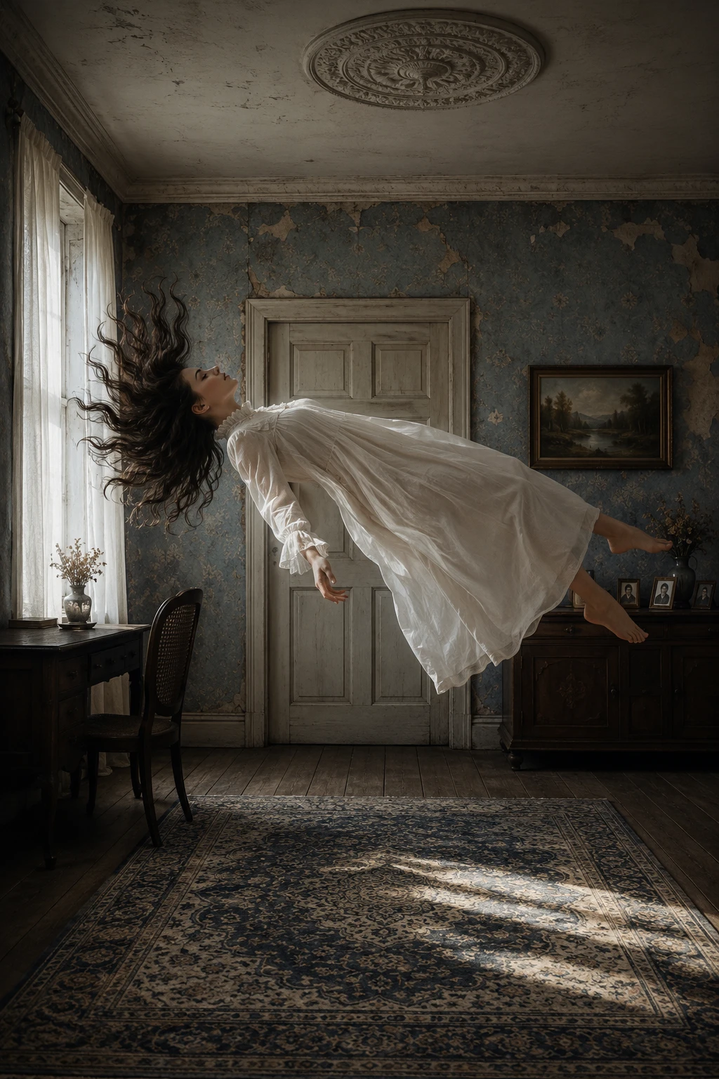 Young woman levitating in a dim vintage bedroom