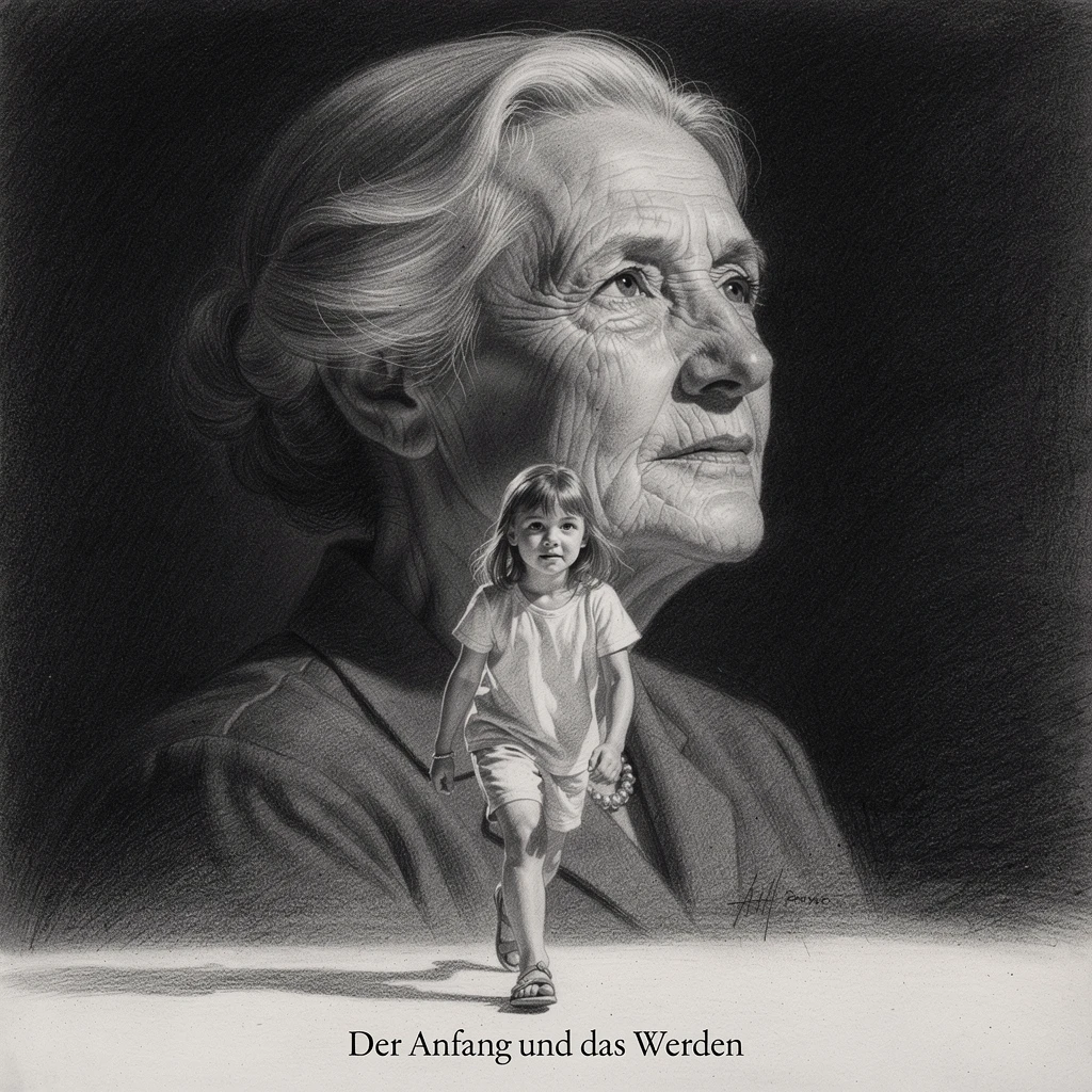 Young girl stepping forward before her elder charcoal self