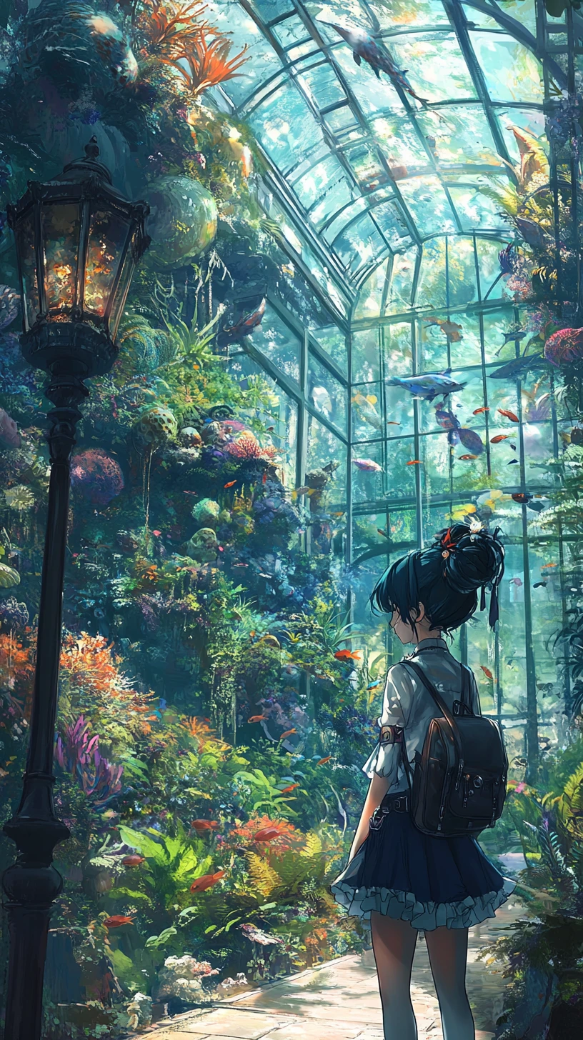Caminho em estufa de anime com plantas exóticas e poste de luz