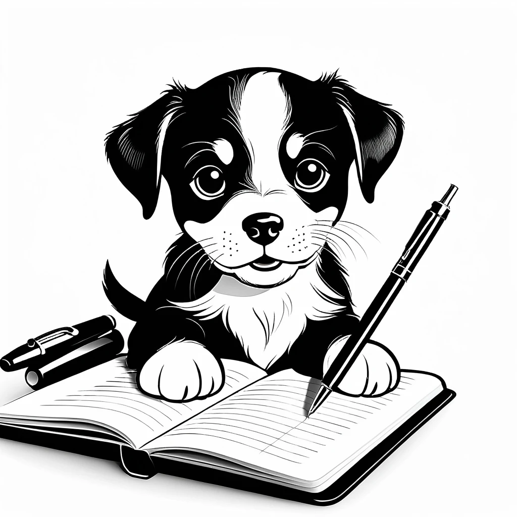 Adorable chiot écrivant dans un carnet en illustration style Disney