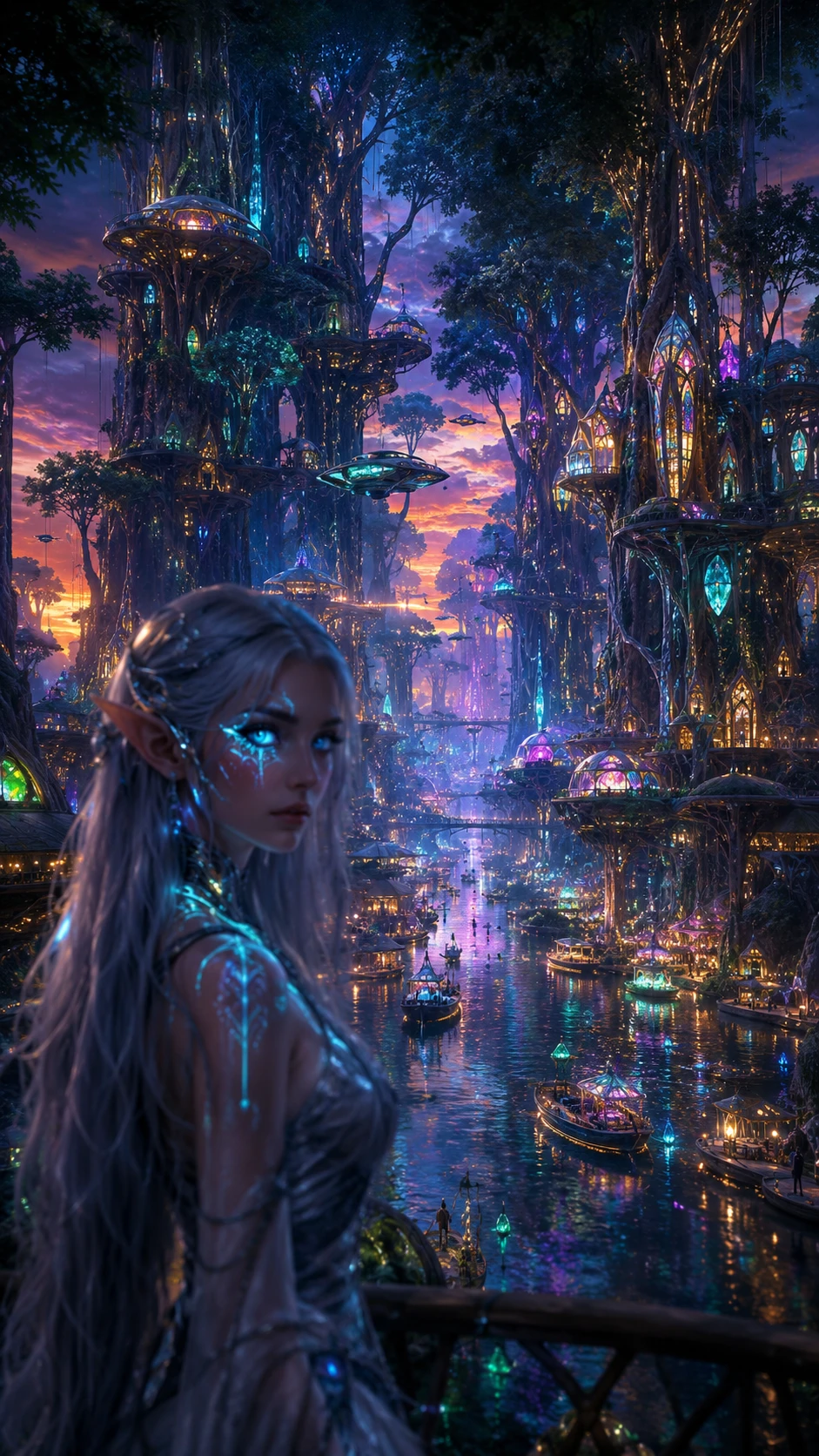 Cidade élfica cyberpunk brilhando entre árvores colossais da floresta