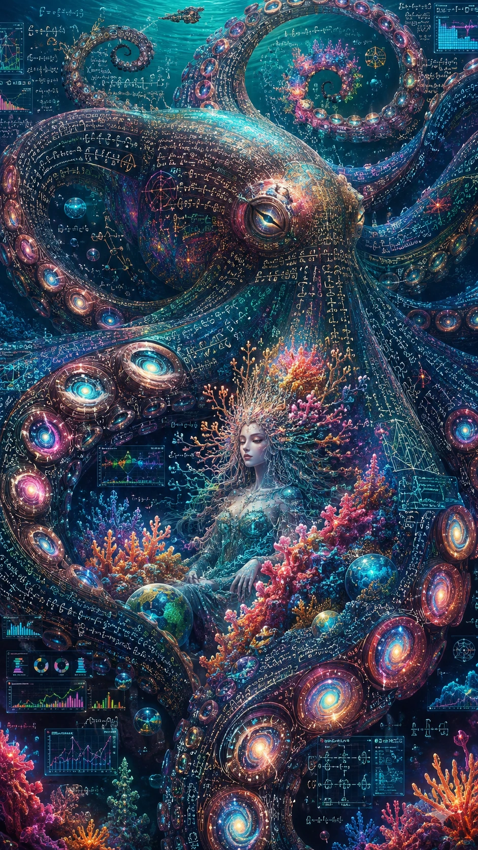 Colossal data woven octopus swirling through luminous reefs