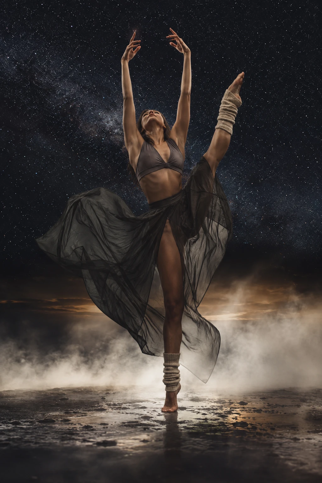 Barefoot dancer arching beneath a star filled night sky