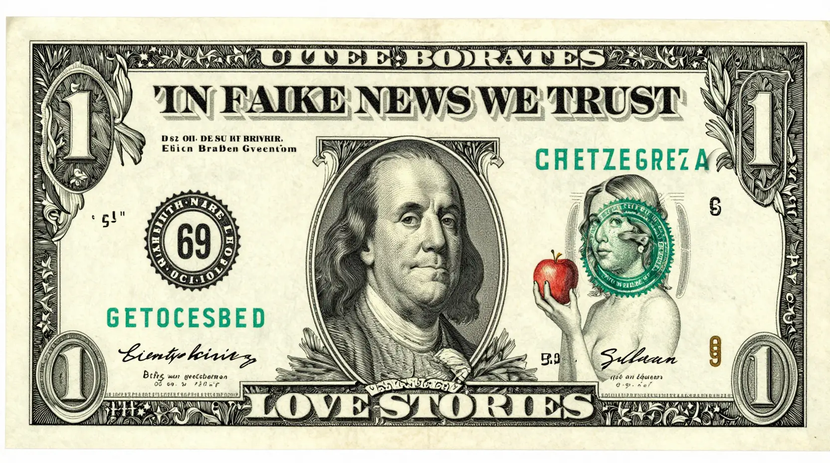 Surreal sixty nine banknote with Adam and Eve portrait