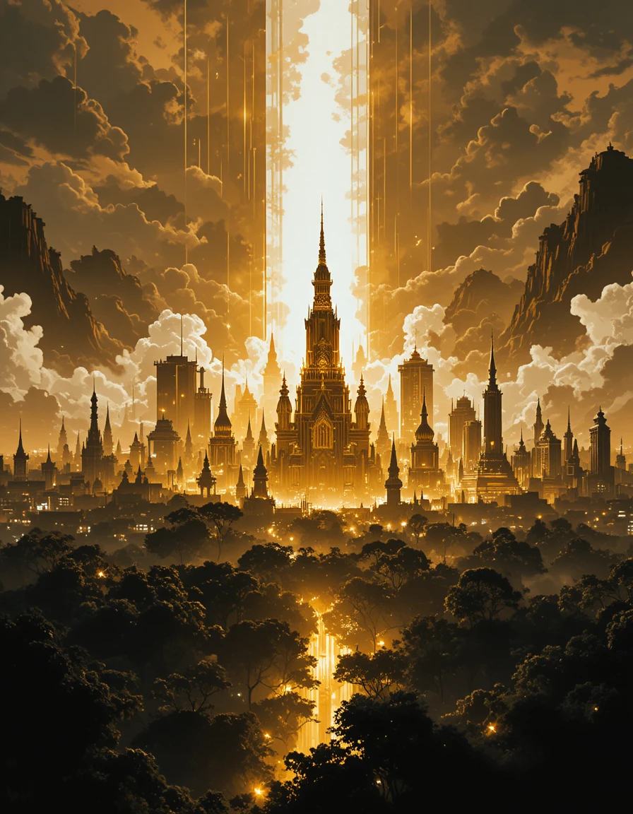 Paesaggio urbano dorato di Bangkok cyberpunk tra terra e cielo