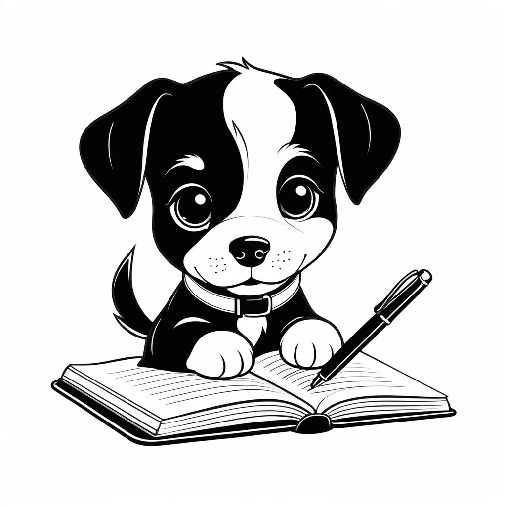 Filhote fofo escrevendo em um caderno em estilo de livro infantil