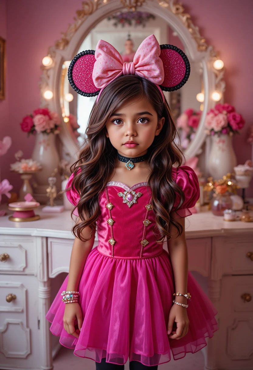 Menino hispânico nervoso em uma fantasia de princesa rosa