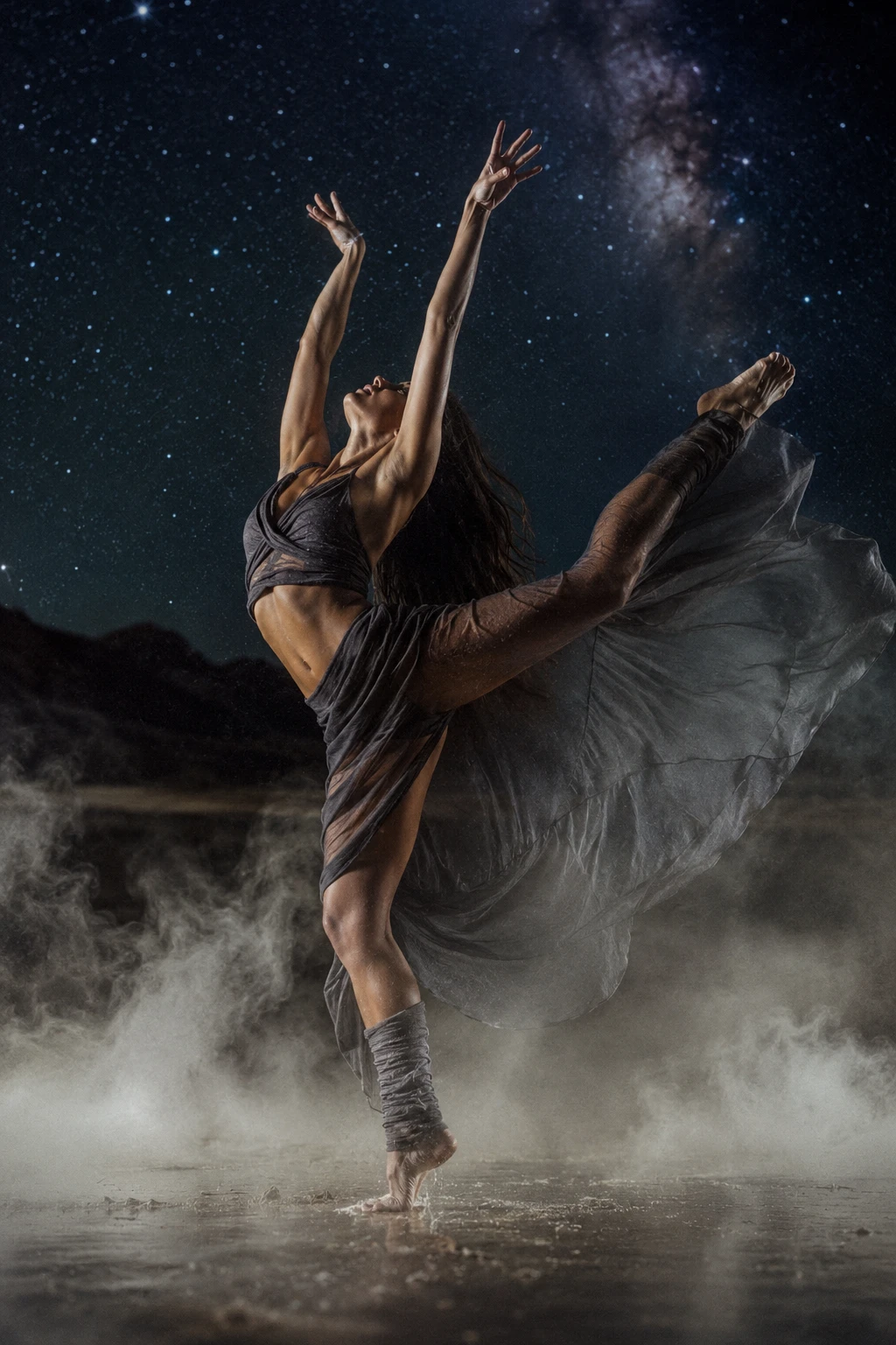 Bailarina descalça se arqueando sob um céu estrelado místico