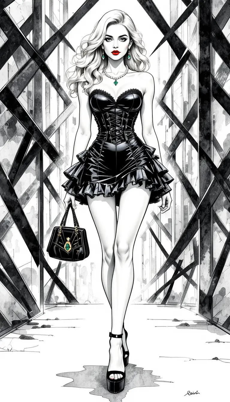 Glamorous blonde woman in black leather fashion ensemble