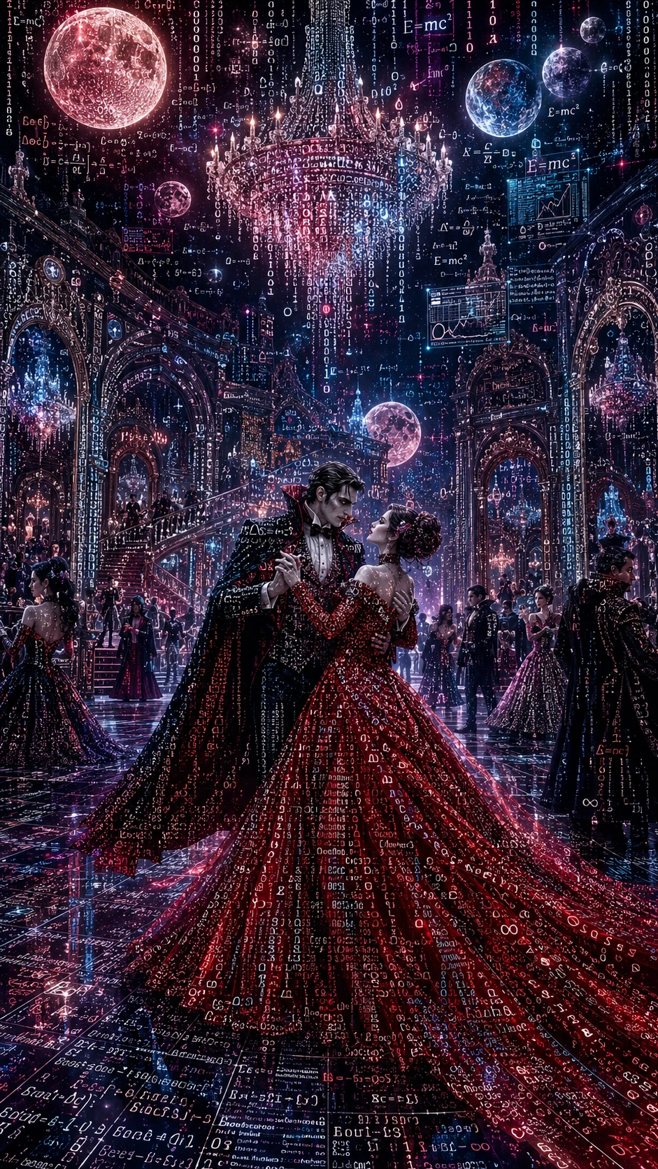 Elegante sala da ballo dei vampiri sotto lune fluttuanti surreali