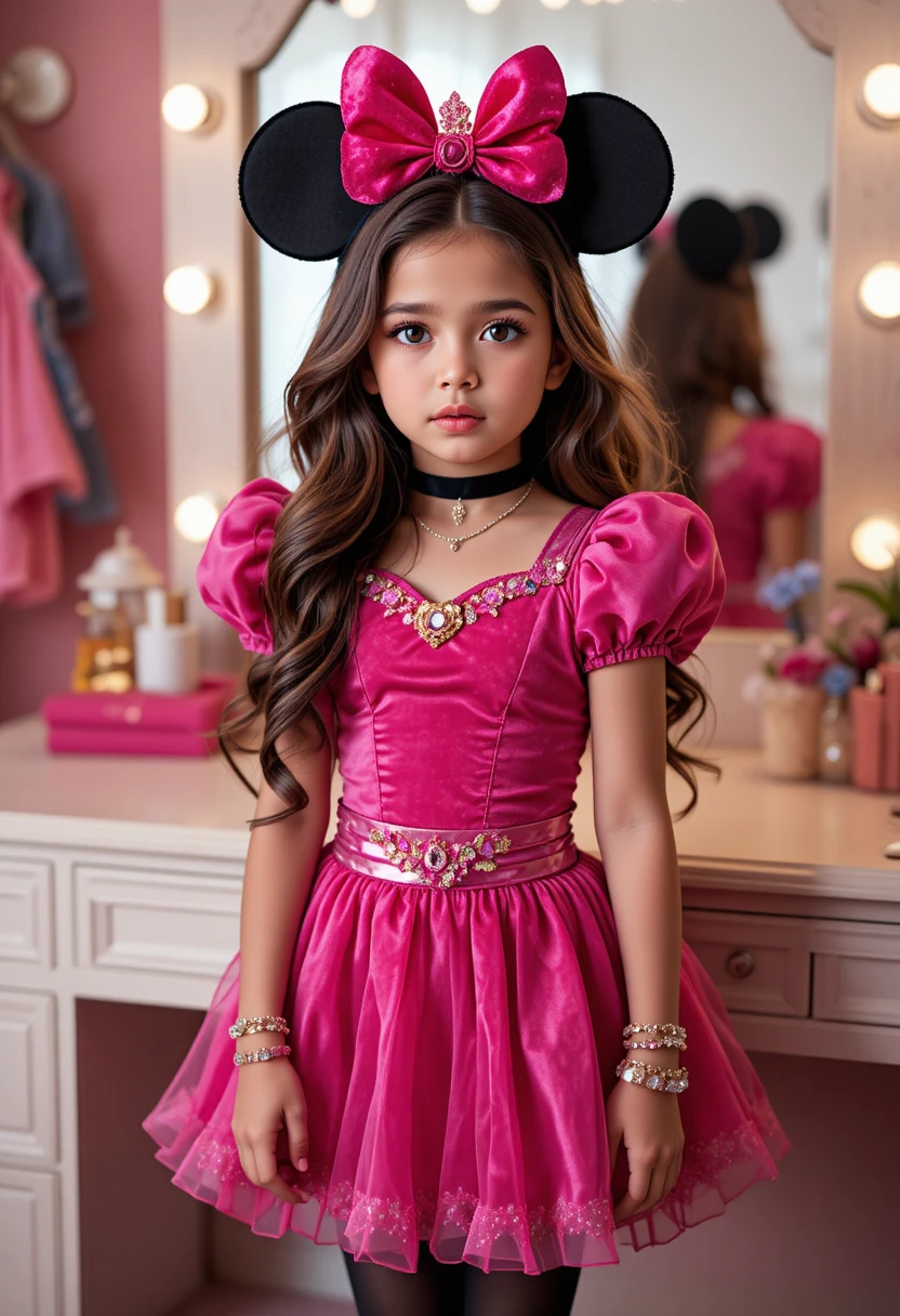 Menino hispânico nervoso em fantasia de princesa inspirada na Minnie