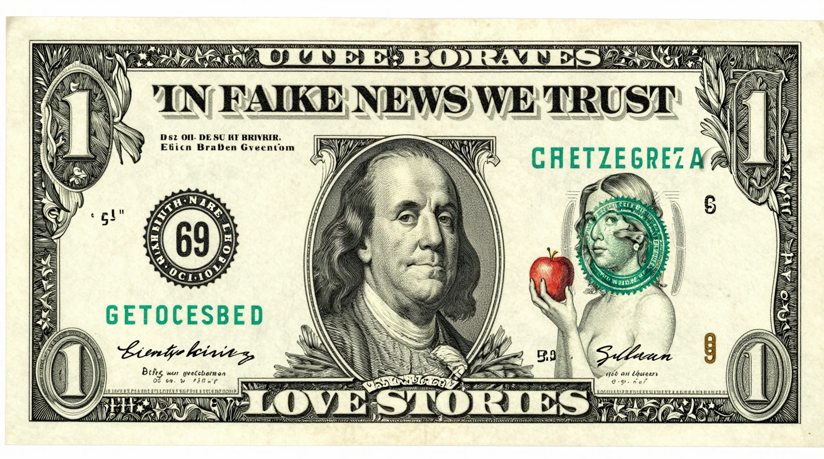 Surreal sixty nine banknote with Adam and Eve portrait