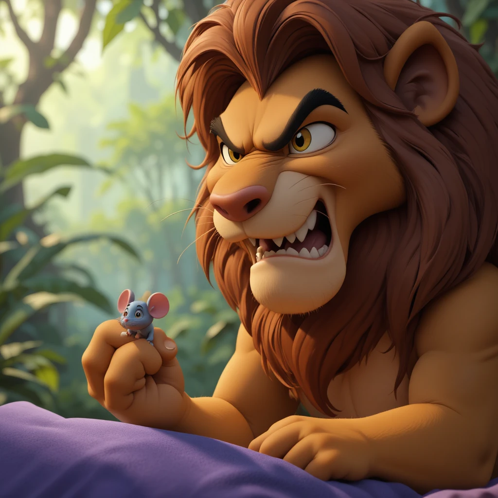 Leão zangado segurando pequeno rato na selva em desenho 3D