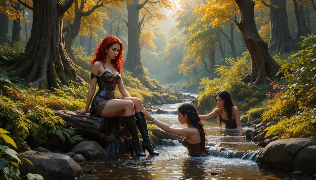 Red haired woman with water nymphs in autumn forest stream