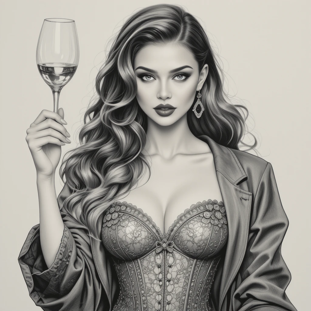 Disegno in grafite di una ragazza bionda che alza un bicchiere di vino