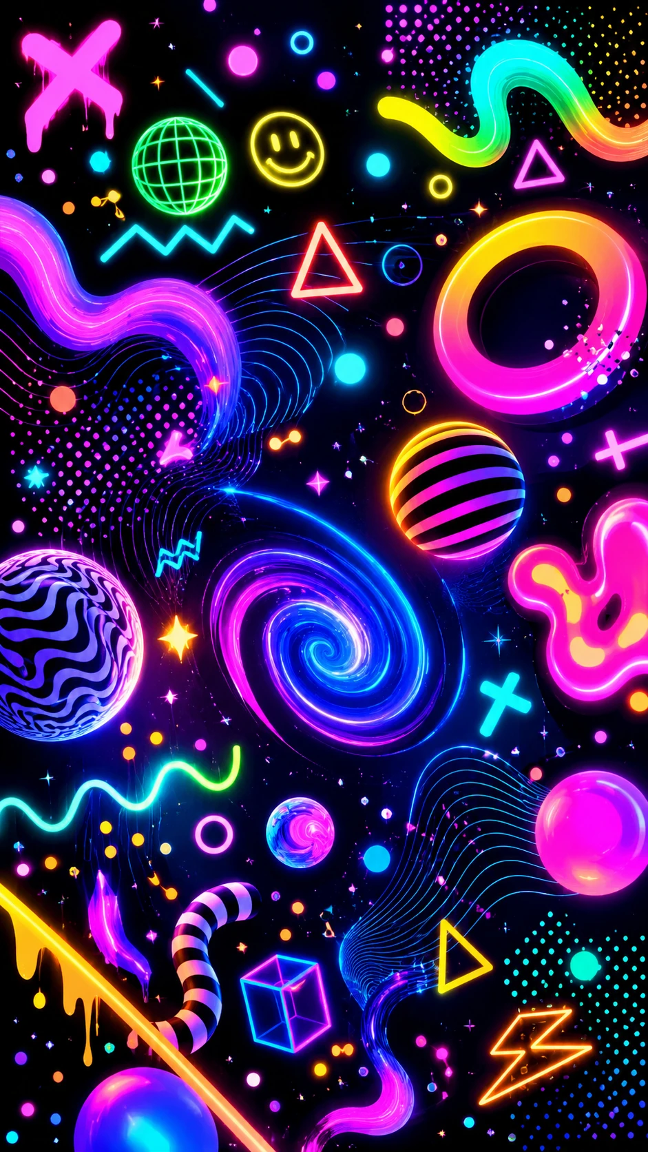 Formas abstratas em néon brincalhonas em um design vibrante e espiralado