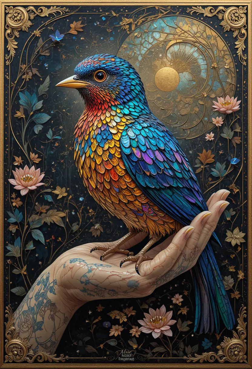 Surreal digital painting of a bird resting in a human hand