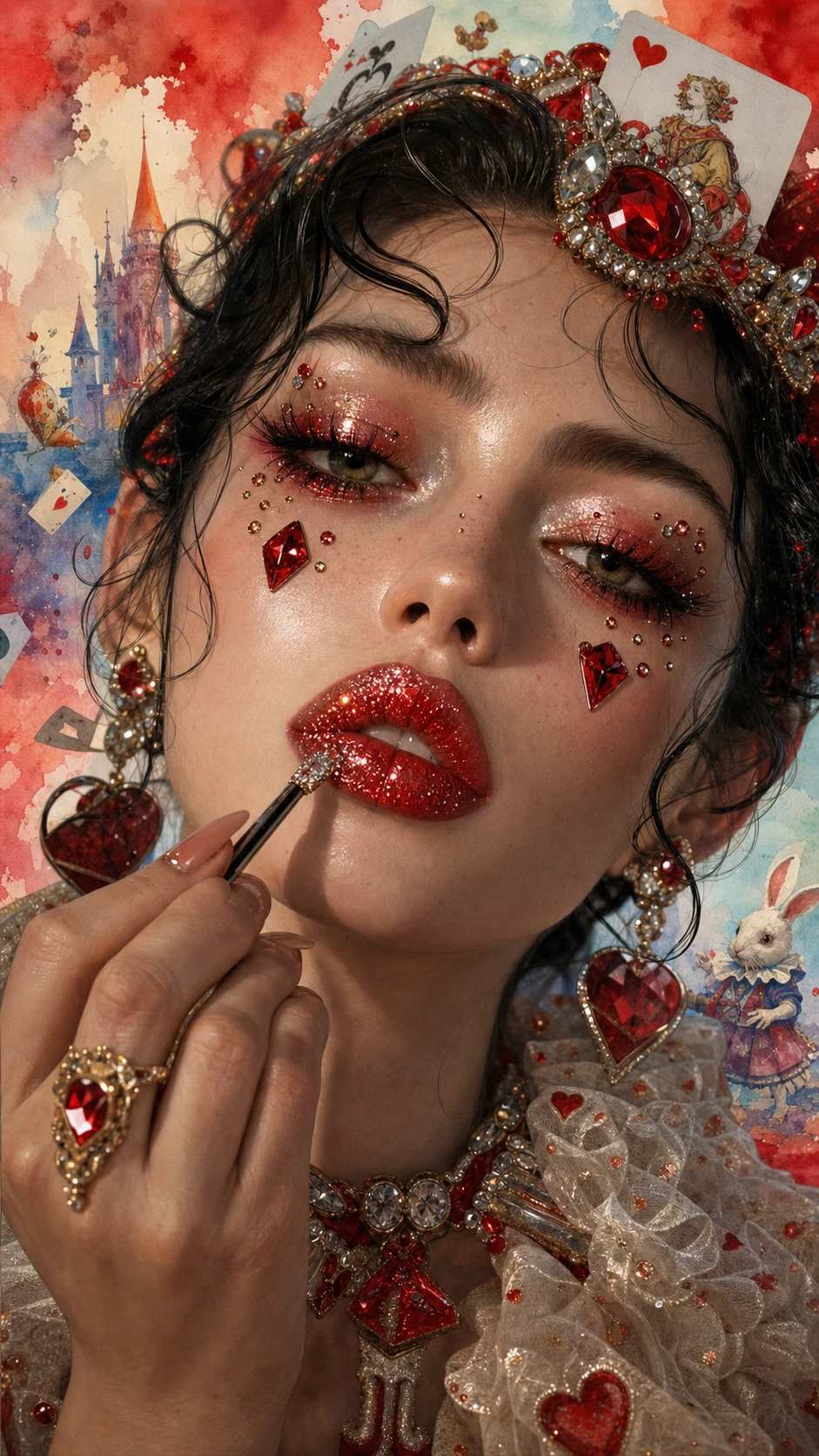 Retrato 3D em close de glitter sendo aplicado nos lábios