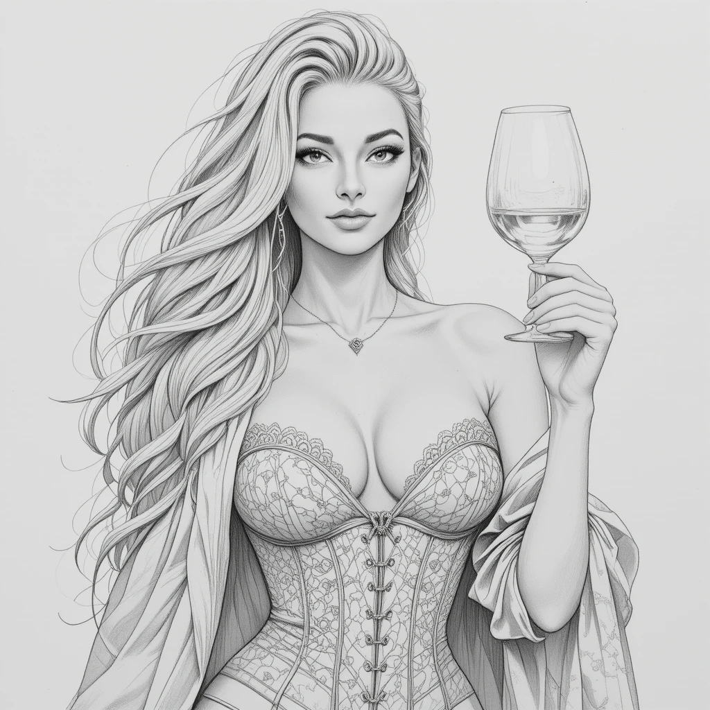 Elegant pencil portrait of a blonde woman with wine glass