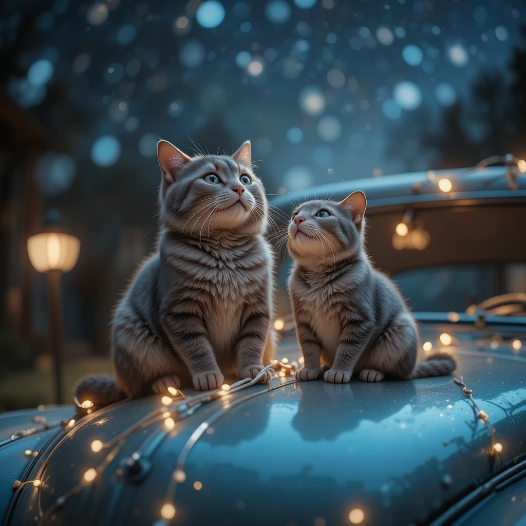 Chat et bébé souris sous un ciel nocturne lumineux