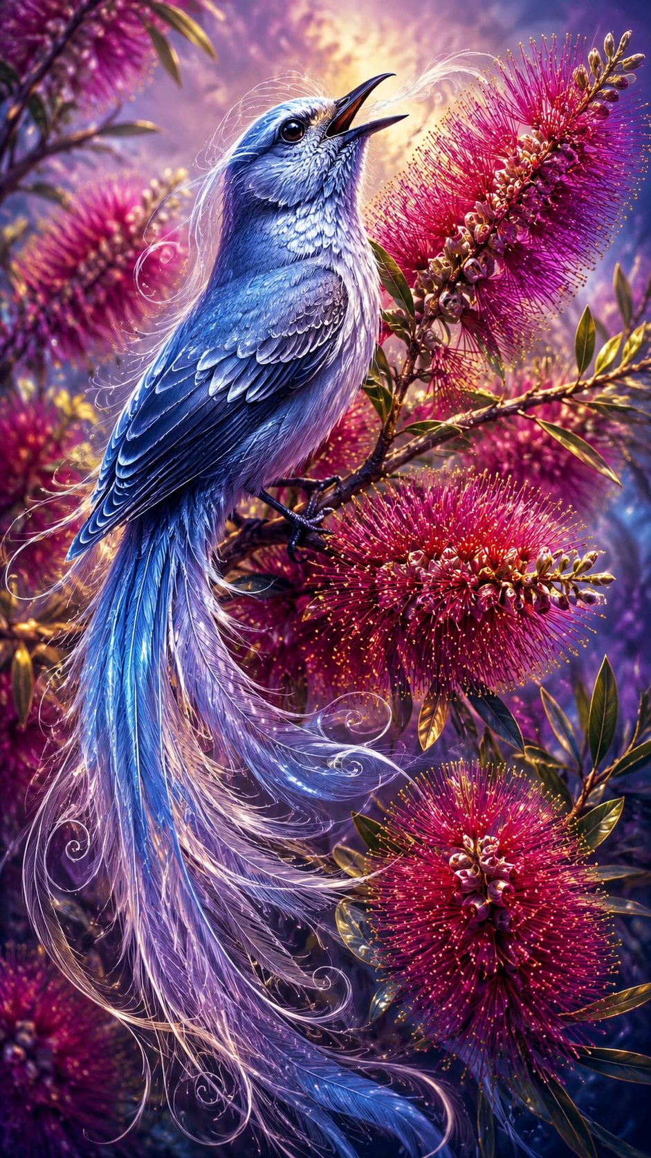 Pássaro azul prateado cantando em galho florido em ilustração de fantasia