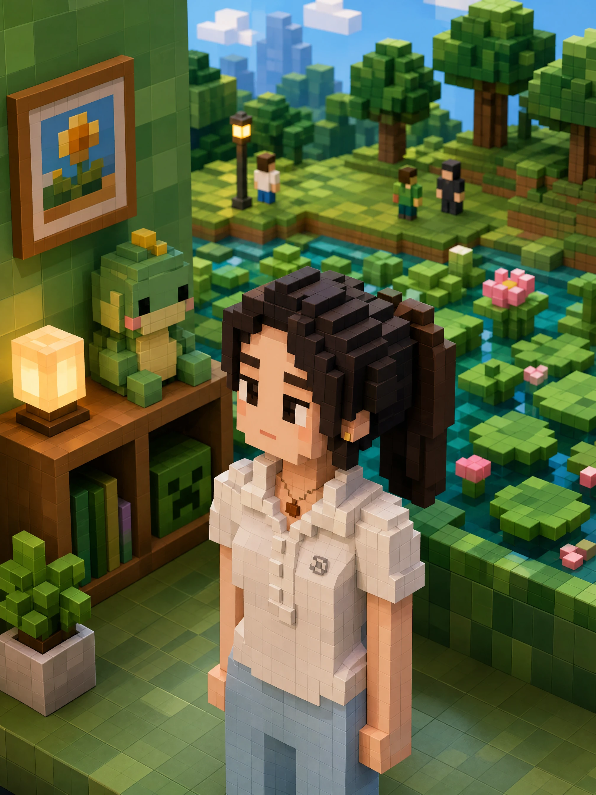 Brinquedo voxel diante de uma parede verde de blocos em visão isométrica