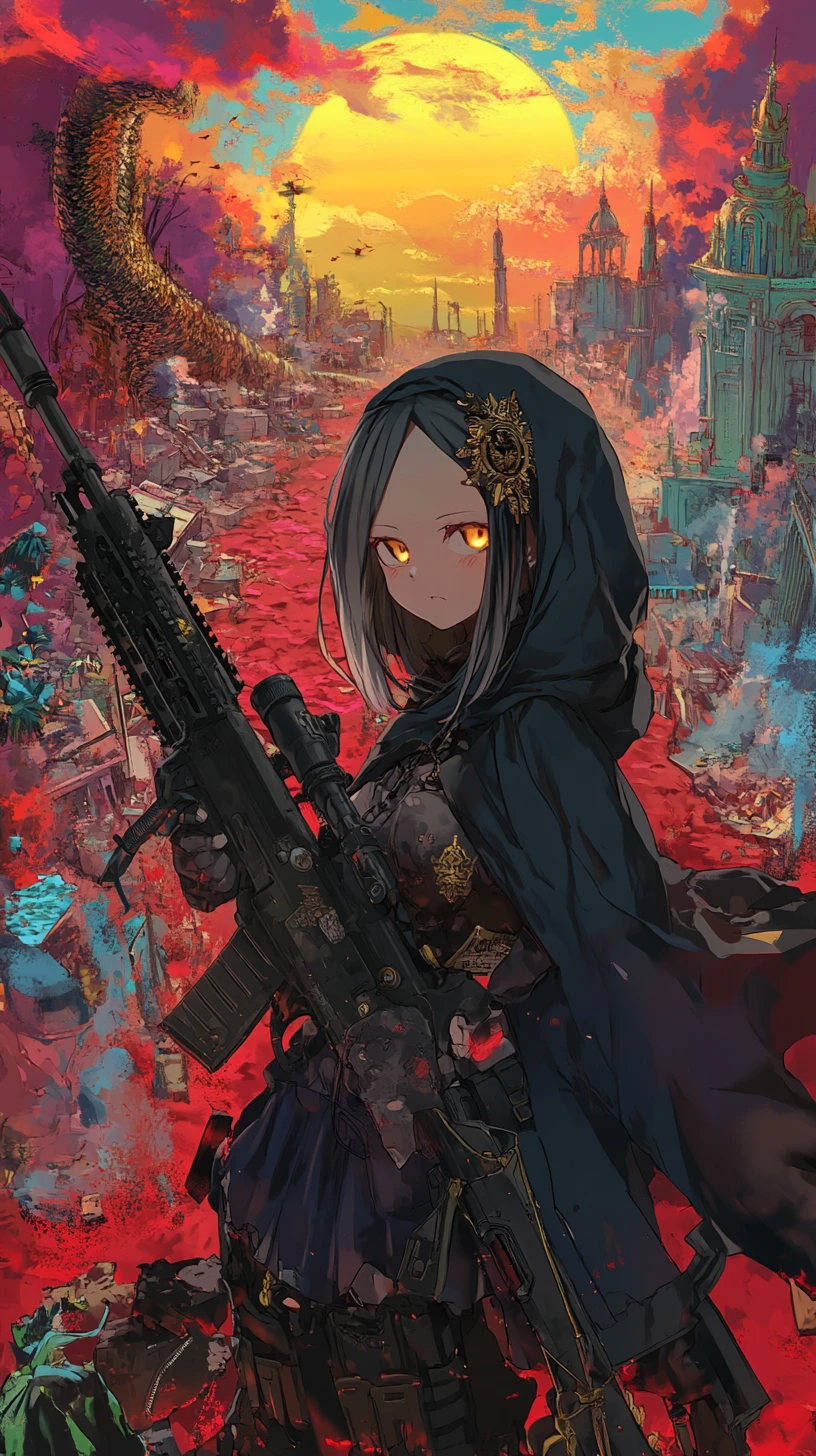 Fille d’anime sur un chemin doré dans une ville fantastique surréaliste