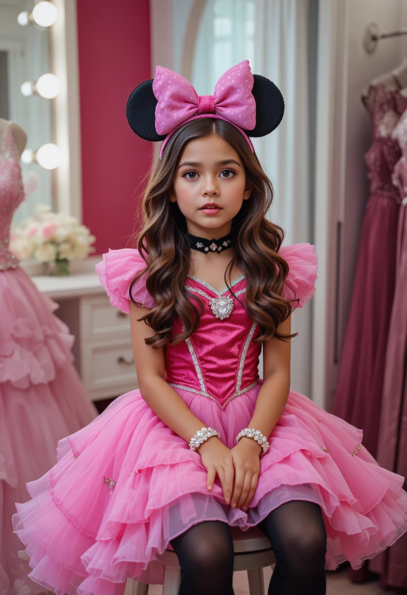 Menino jovem de vestido de princesa rosa sentado no banquinho da penteadeira