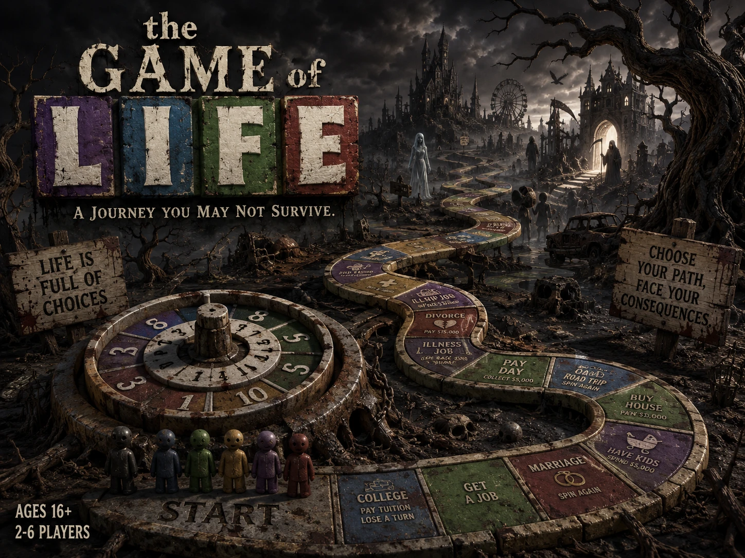 Dark post apocalyptic board game path in desolate landscape