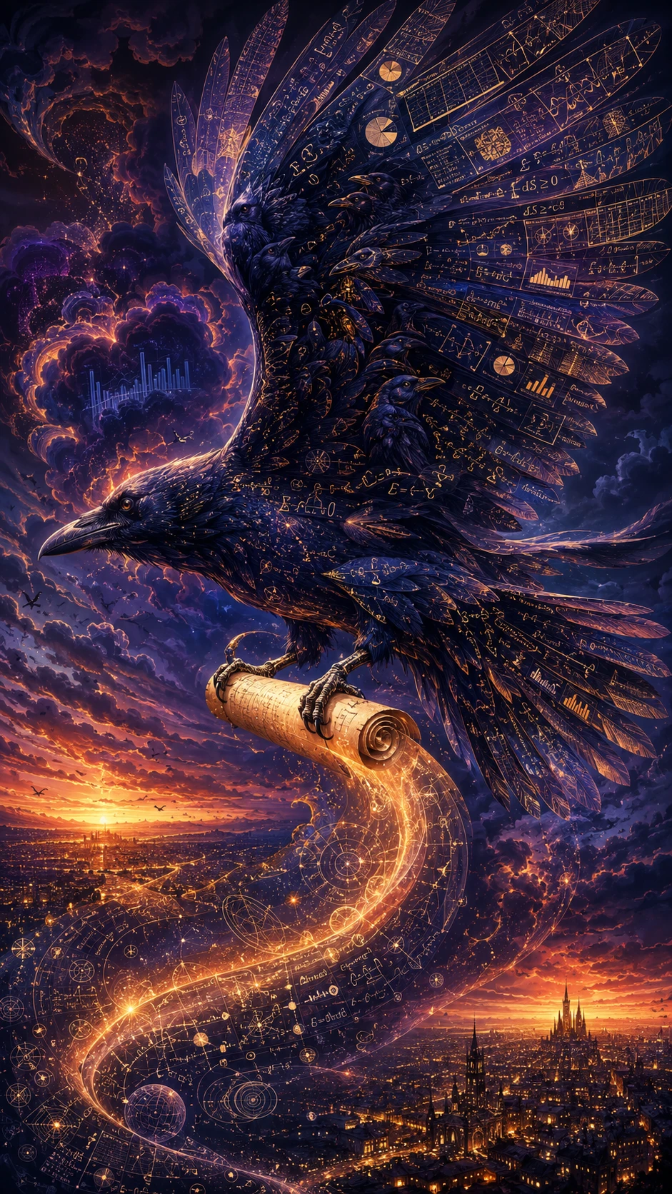Corvo gigante de dados voando pelo céu crepuscular