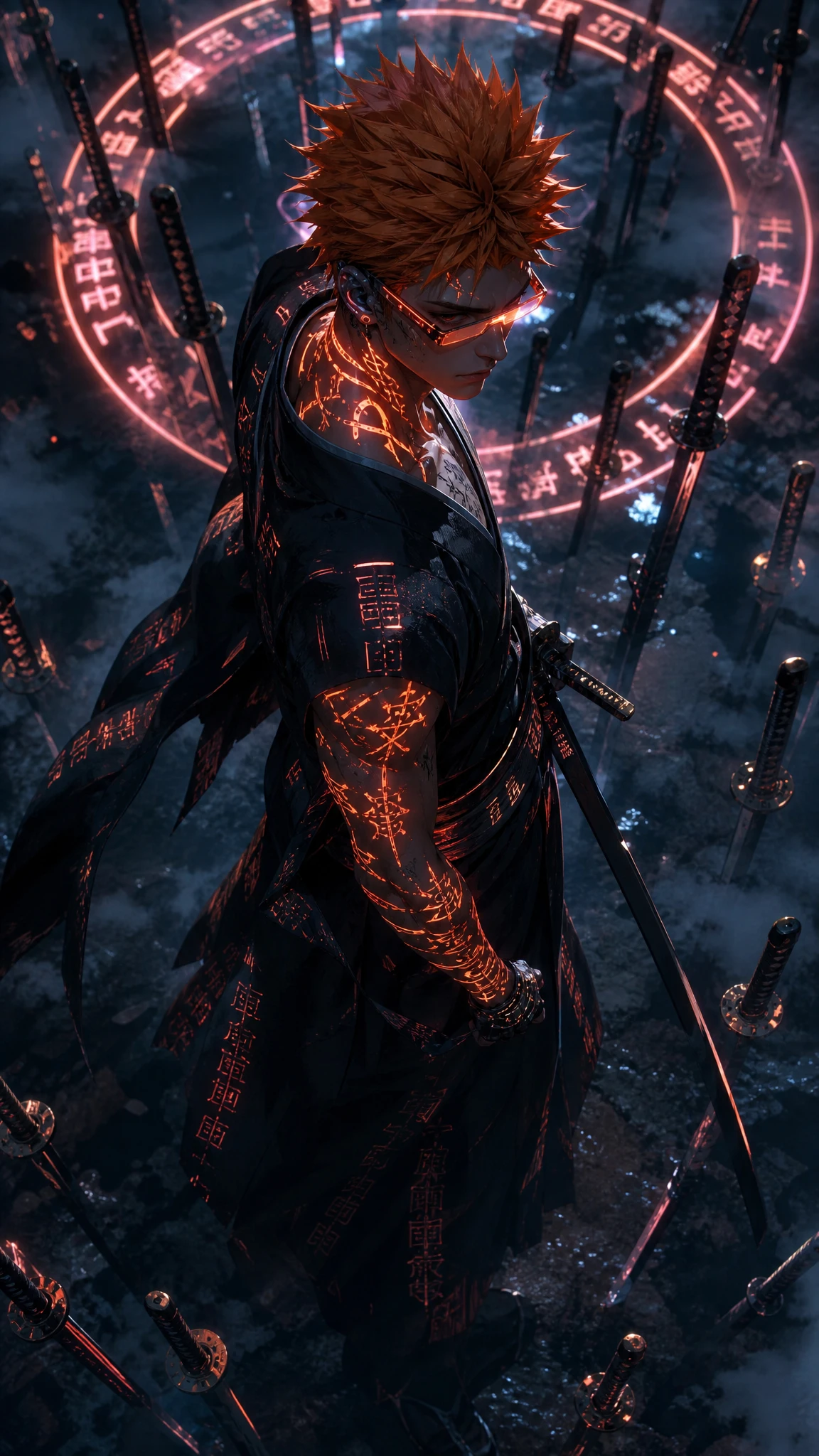 Guerriero cyberpunk con rune luminose in una città al neon