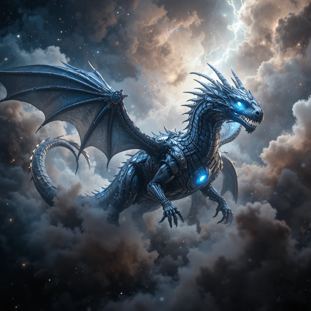 Mechanical dragon soaring through a glowing cosmic nebula