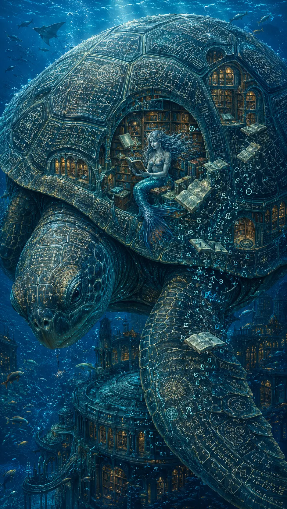 Ancienne Tortue de Mer Portant une Carapace-Bibliothèque Sous-Marine