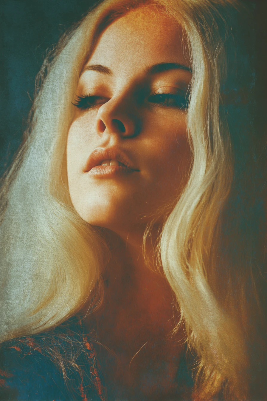 Surreal close up portrait of a blonde girl in bold colors
