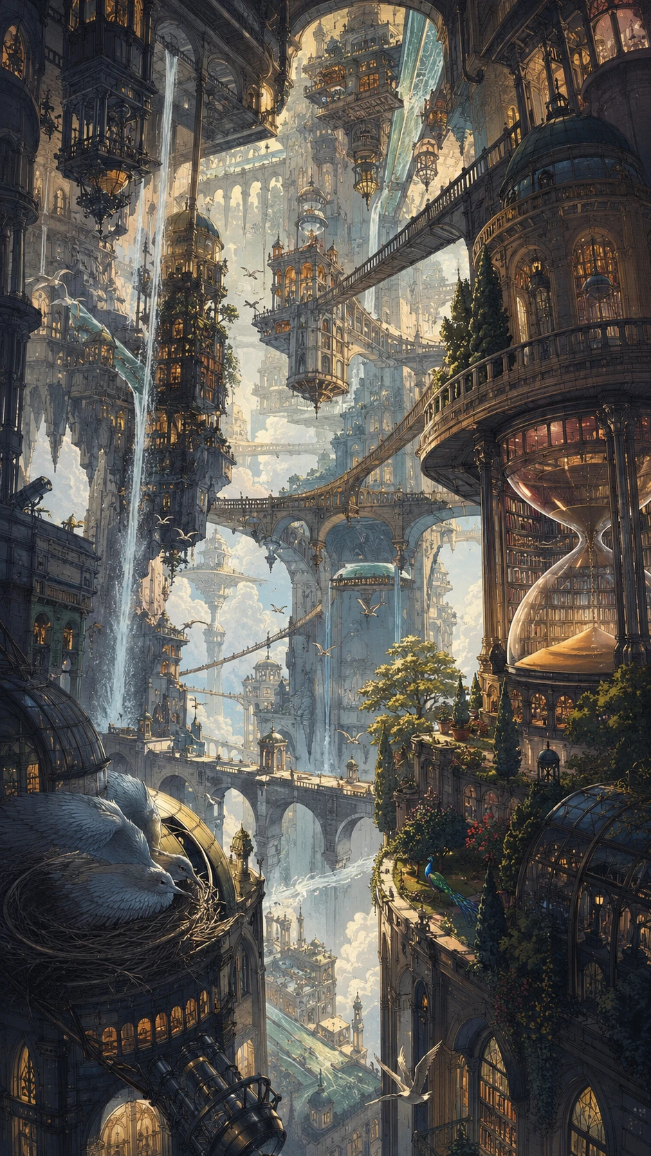 Città fantasy verticale con gravità impossibile e fiumi