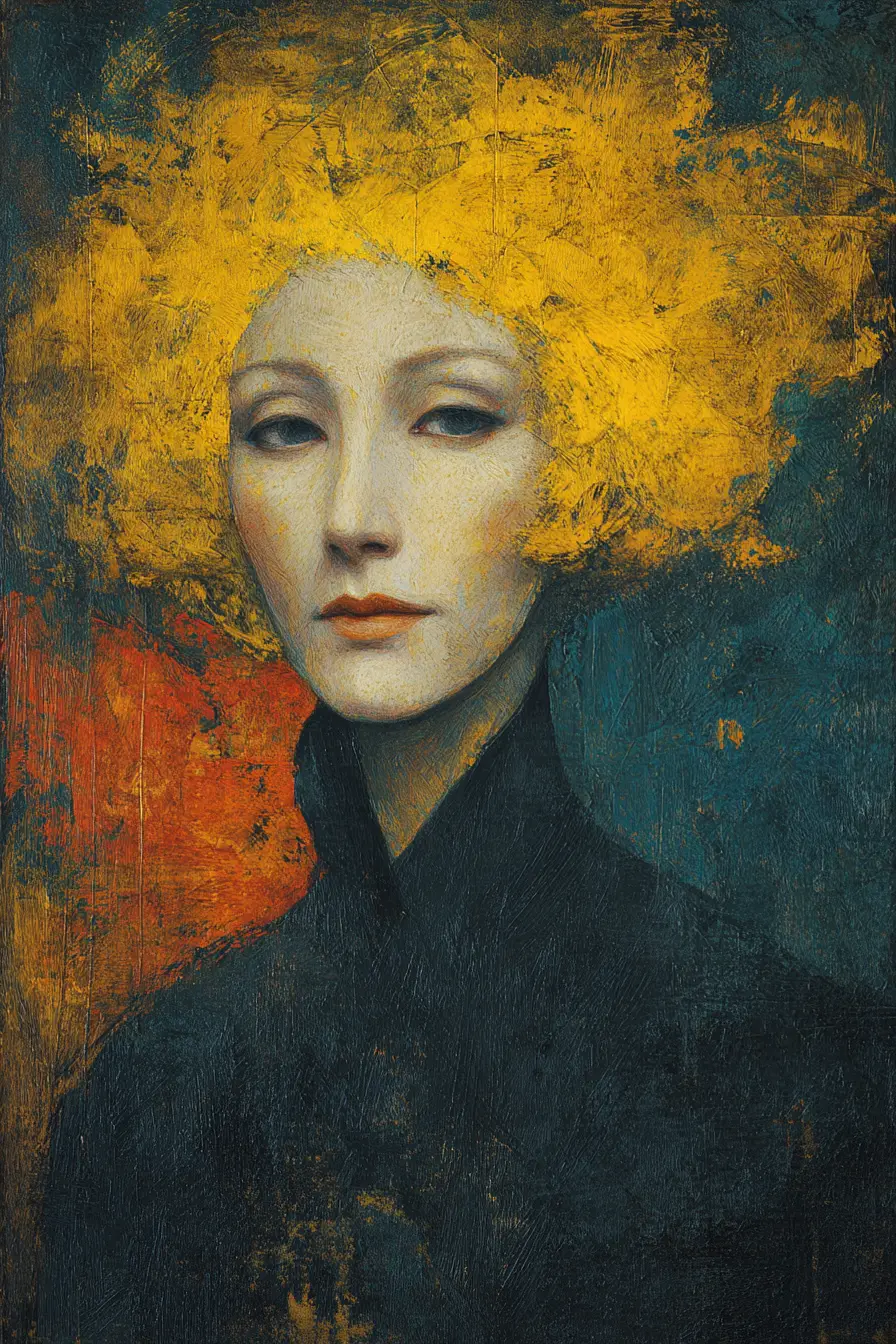 Portrait surréaliste d’une femme âgée blonde aux couleurs vives