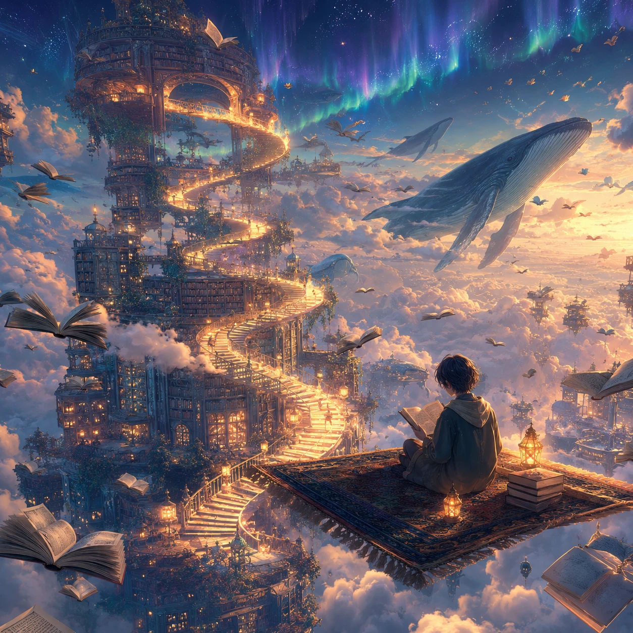 Biblioteca fluttuante tra nuvole luminose con libri volanti